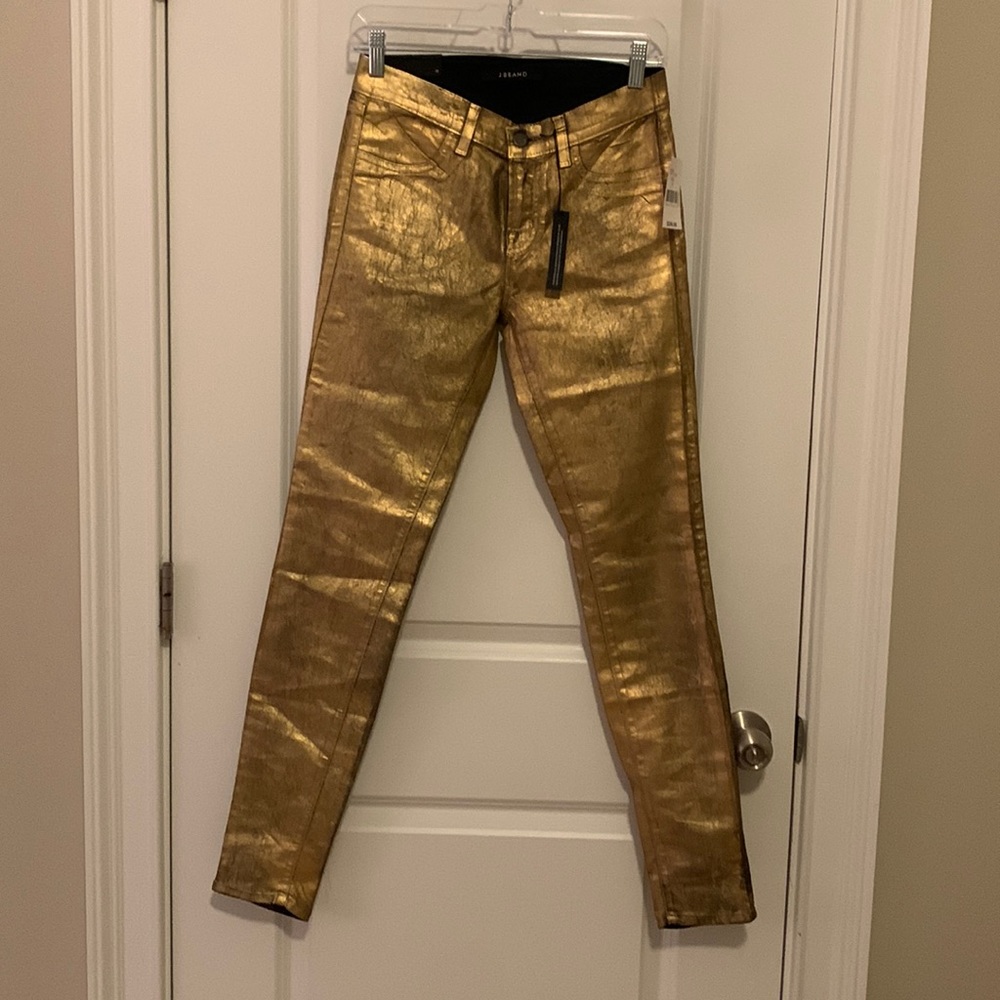 TSE9000 J Brand Coated Gold Metallic Super Skinny Mid-Rise Pants size 26 NWT